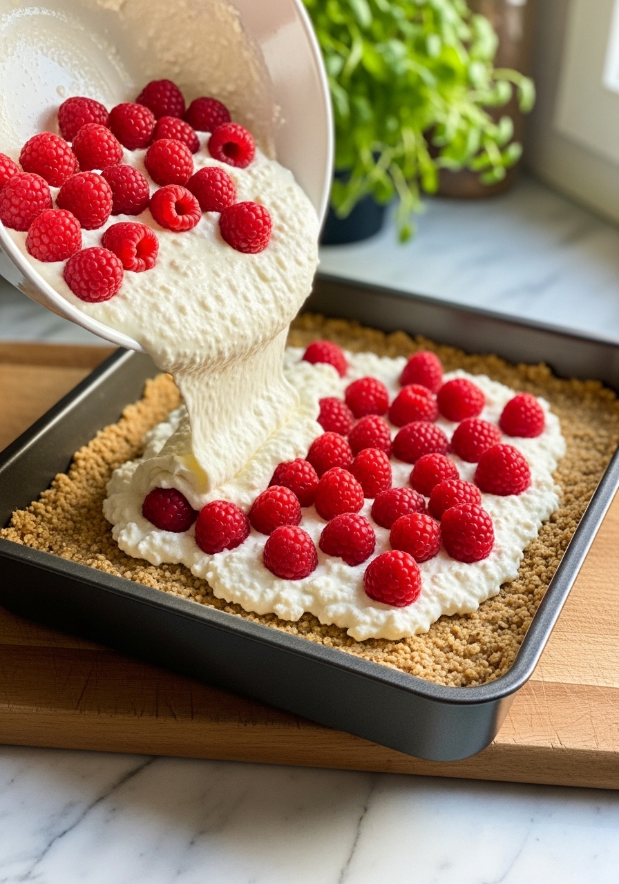 An in-process action shot showing the creamy cottage cheese filling, studded with vibrant fresh raspberries, being poured over the golden oat crust in a square baking pan. The pan rests on the wooden cutting board on marble countertops under soft natural morning light. Fresh herbs are blurred in the background, and the overall scene is clean, tidy, and exudes warm tones. No hands are visible.