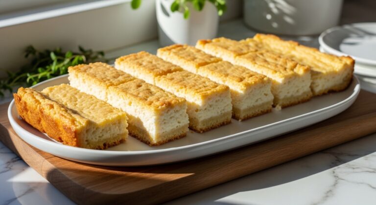 A deliciously appealing platter of golden-brown Lemon Raspberry Cottage Cheese Bars, perfectly sliced, presented on a minimalist white plate. The bars are arranged elegantly on a beautiful wooden cutting board on marble countertops. Soft natural morning light streams from an east window, casting warm tones and gentle shadows. Fresh herbs are visible in the background, adding a touch of vibrant green. The scene is clean and tidy, emphasizing the homemade quality and inviting texture of the bars, without any hands.