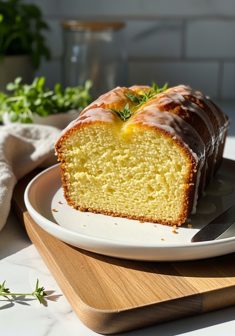 A deliciously appealing slice of the Easy Lemon Ricotta Loaf Cake, showcasing its incredibly moist, tender, and fluffy interior, with a glistening lemon glaze on top. It sits on a minimalist white plate next to the wooden cutting board, with fresh herbs and a hint of marble countertop in the background, bathed in natural morning light and soft shadows. No hands visible.