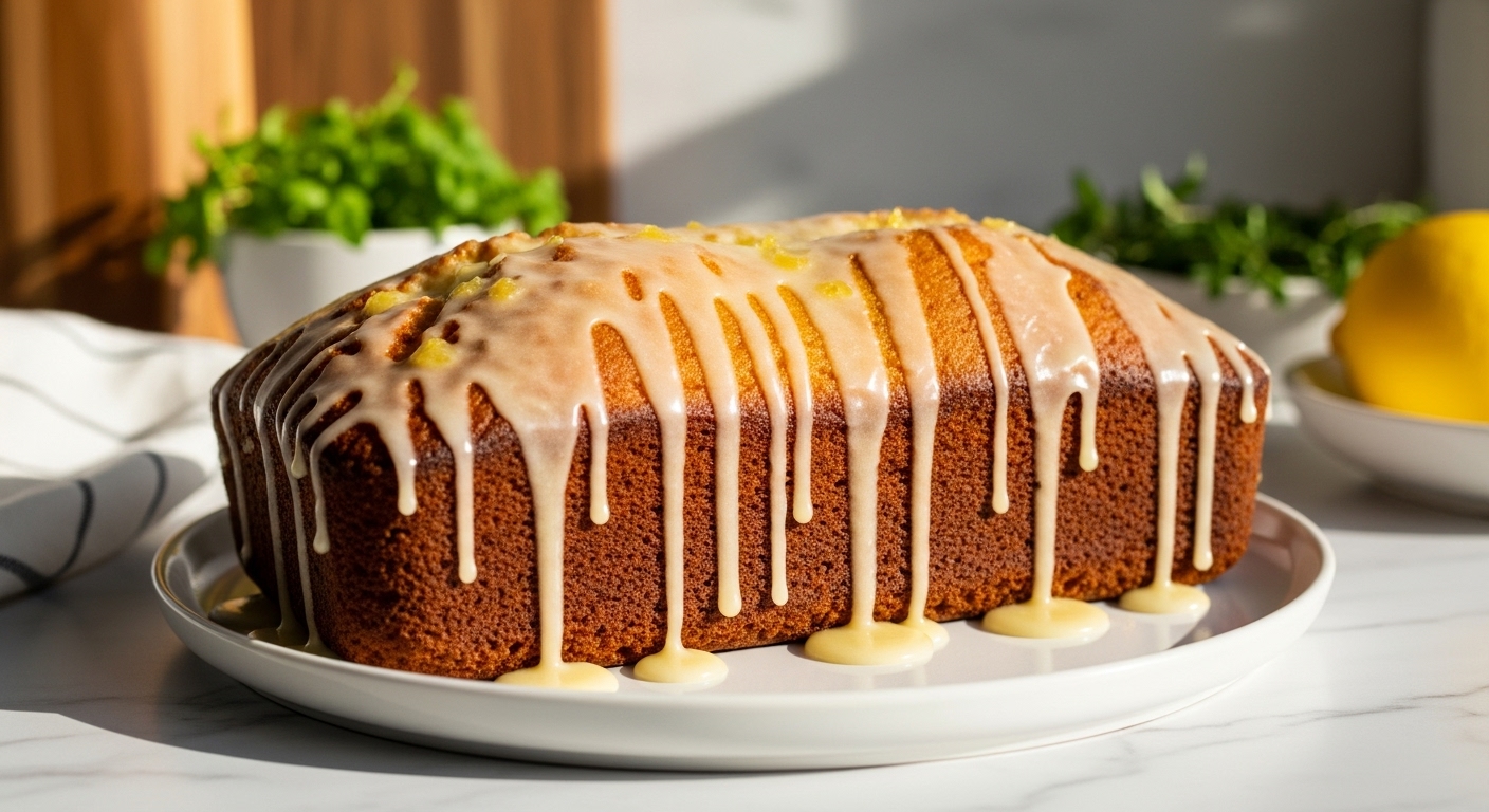 A mouth-watering whole Easy Lemon Ricotta Loaf Cake, beautifully golden brown and generously drizzled with a thick lemon glaze, sitting on a minimalist white plate on marble countertops. There are hints of wood accents and fresh herbs in the soft-focused background, illuminated by natural morning light, casting warm tones and soft shadows. No hands visible.