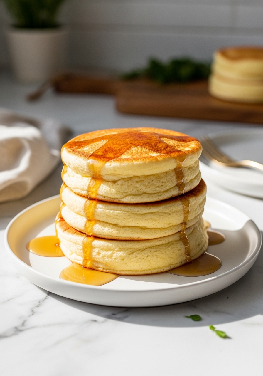 A delicious and airy stack of Light and Fluffy Soufflé Pancakes presented on a minimalist white plate, viewed from a slightly different angle than the featured image. The golden-brown exterior and pillowy interior are visible, with warm maple syrup glistening and dripping down the sides. The background features soft, natural morning light on marble countertops, with a hint of a wooden cutting board and subtle fresh herbs, showcasing the clean and tidy kitchen environment.