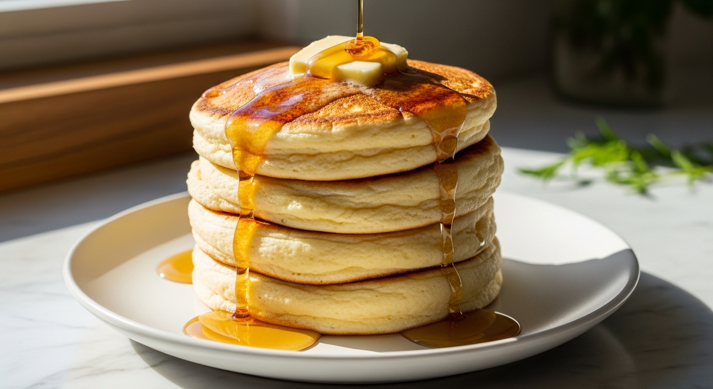 A mouth-watering stack of golden-brown Light and Fluffy Soufflé Pancakes, beautifully piled on a minimalist white plate. A pat of butter is melting on top, with luscious golden maple syrup cascading down the sides and pooling slightly at the base. The scene is bathed in natural morning light from an east window, casting soft shadows. A subtle wood accent is visible on the marble countertop in the background, along with a hint of fresh herbs, conveying a clean and tidy, warm-toned kitchen aesthetic.