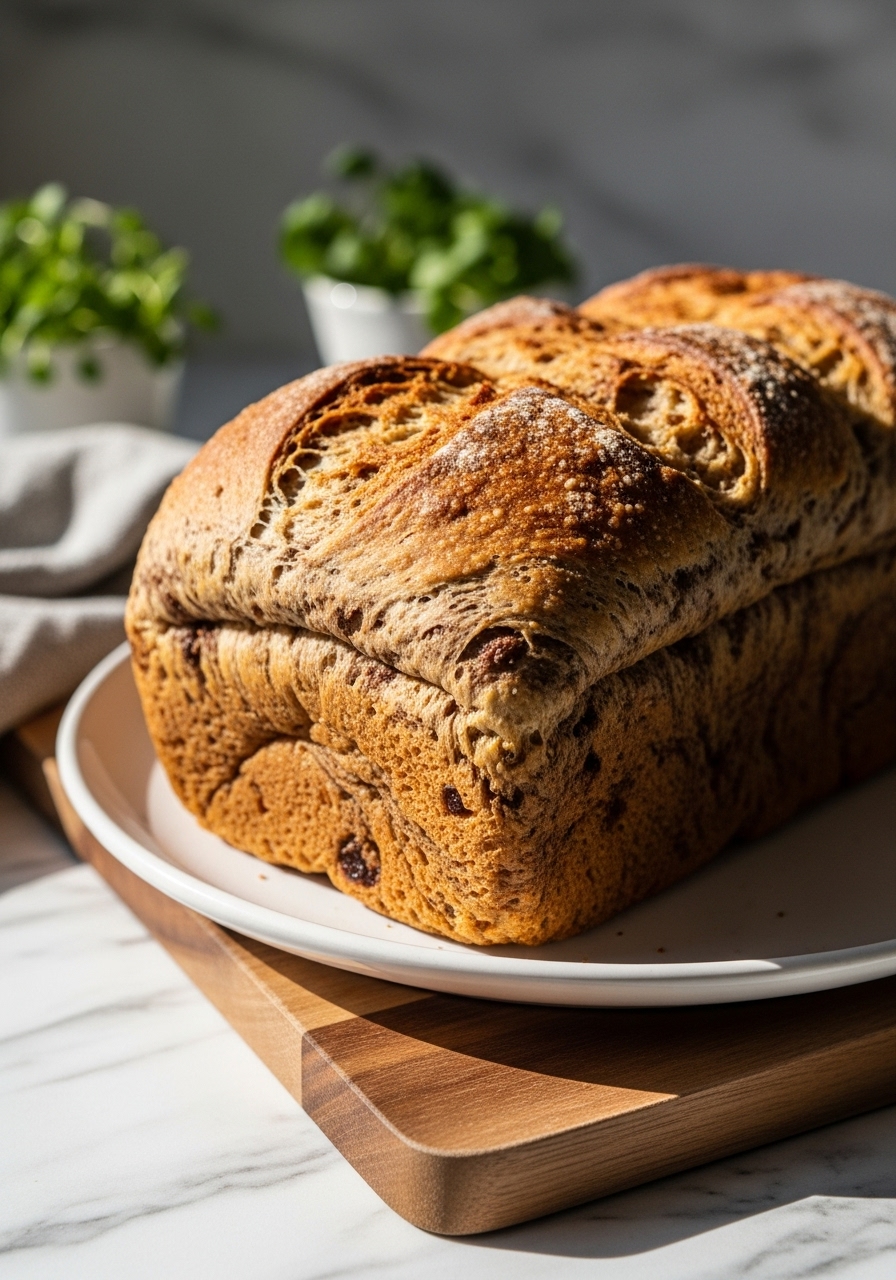 A close-up, slightly angled shot of the baked Marbled Rye Bread loaf, showcasing its golden-brown crust and inviting texture. The bread is presented on a minimalist white plate, resting on the wooden cutting board, with soft natural morning light illuminating the scene on marble countertops. Fresh herbs are subtly visible in the background, maintaining a warm and clean aesthetic. No hands or people visible.