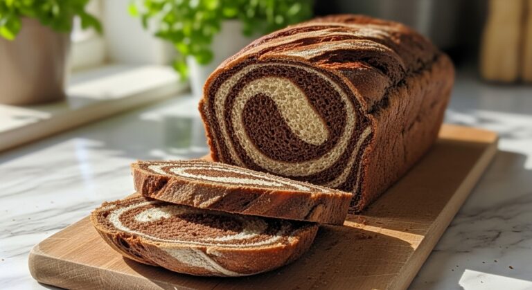 A beautifully baked loaf of Marbled Rye Bread, perfectly sliced to showcase the dramatic, distinct swirls of light and dark rye. It rests on a wooden cutting board on a clean marble countertop, bathed in natural morning light. Fresh green herbs are visible in the soft-focused background, emphasizing warm tones and a tidy presentation. No hands or people visible, just the mouth-watering bread.