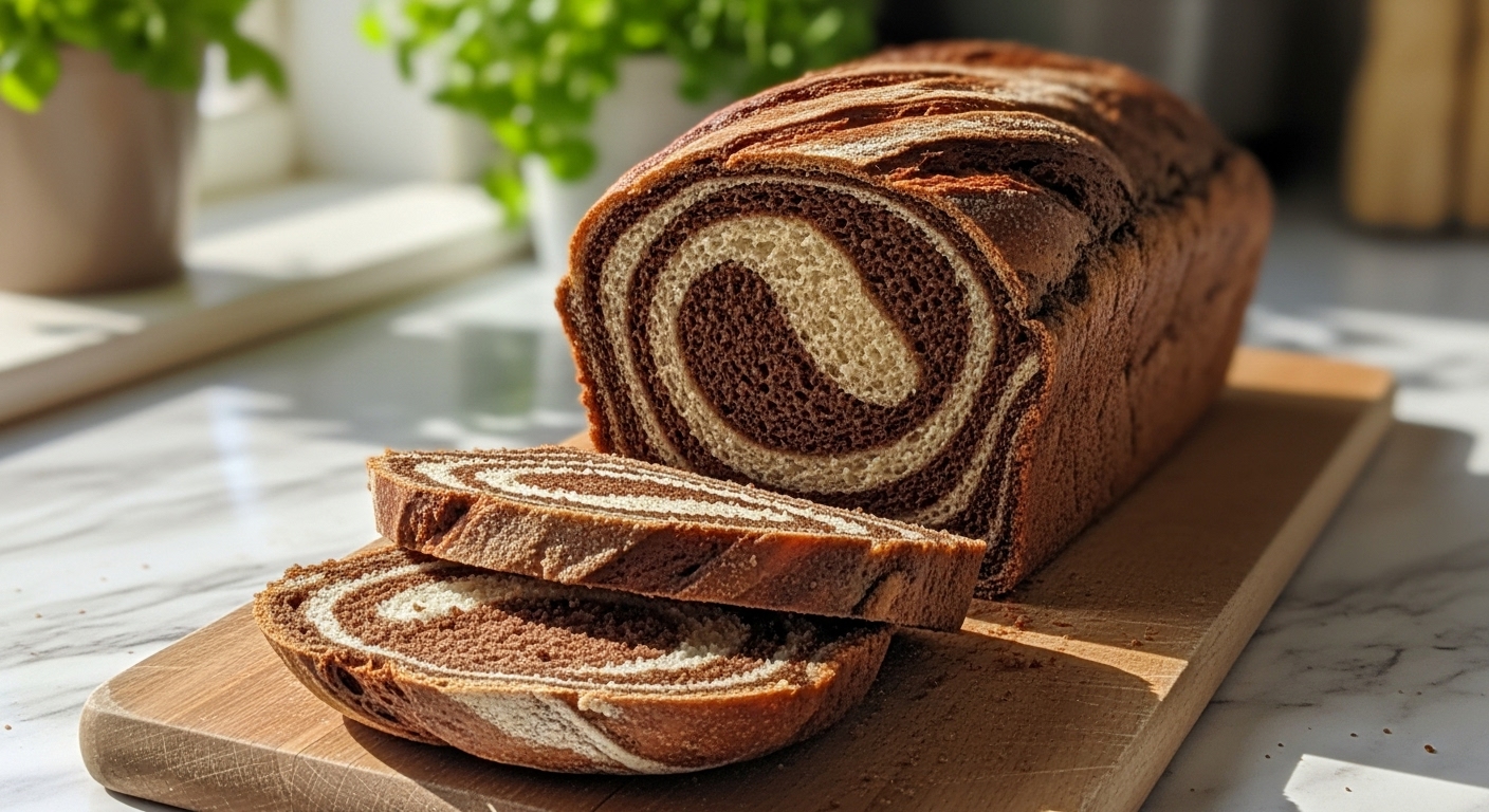 A beautifully baked loaf of Marbled Rye Bread, perfectly sliced to showcase the dramatic, distinct swirls of light and dark rye. It rests on a wooden cutting board on a clean marble countertop, bathed in natural morning light. Fresh green herbs are visible in the soft-focused background, emphasizing warm tones and a tidy presentation. No hands or people visible, just the mouth-watering bread.
