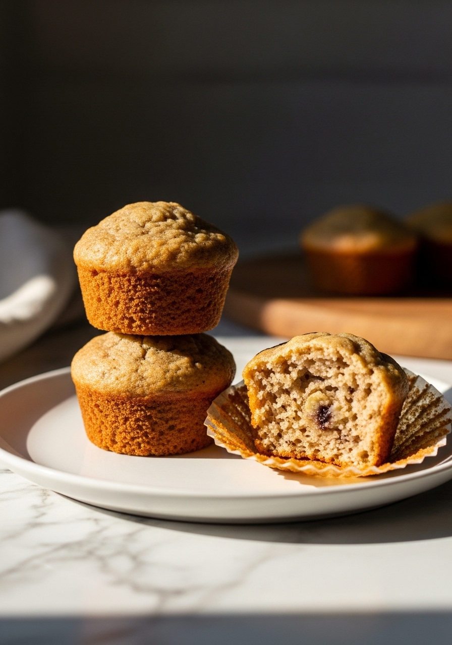 A mouth-watering, slightly off-center shot of three golden brown mini banana muffins neatly stacked on a minimalist white plate, with a half-eaten muffin showcasing its moist interior with dark banana specks resting beside the stack. The scene is on a marble countertop with a hint of the wooden cutting board in the background, illuminated by soft natural morning light, creating warm tones and soft shadows. NO HANDS.