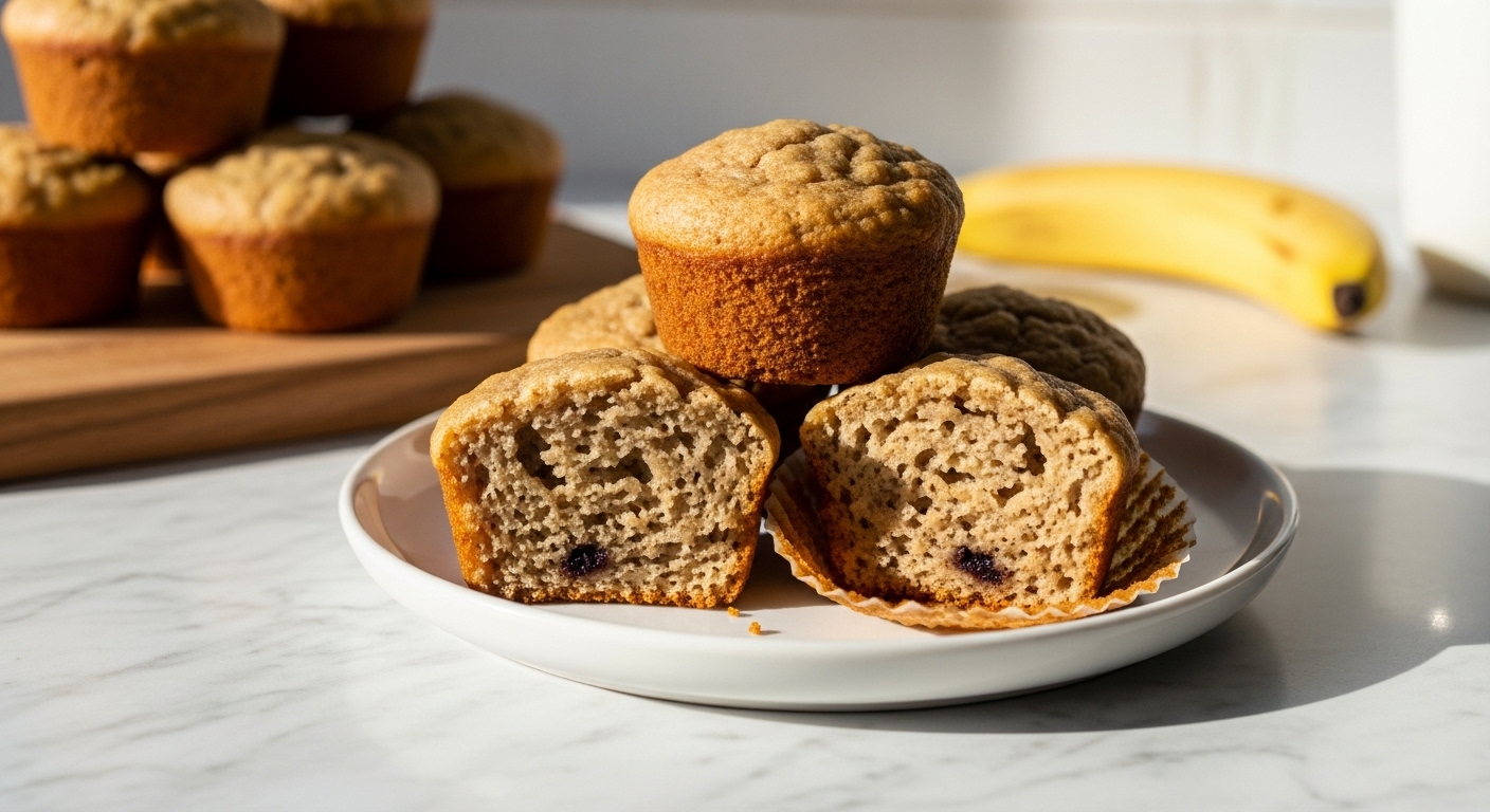 A beautifully composed, appetizing shot of a stack of golden brown mini banana muffins on a minimalist white plate, with one muffin broken open to show its moist, fluffy, naturally sweetened interior with dark banana flecks. On the marble countertop, a wooden cutting board is subtly visible in the background, along with a blurred yellow banana and a hint of a white glass, all bathed in natural morning light from an east window, casting soft shadows with warm tones. The presentation is clean and tidy, emphasizing deliciousness. NO HANDS.