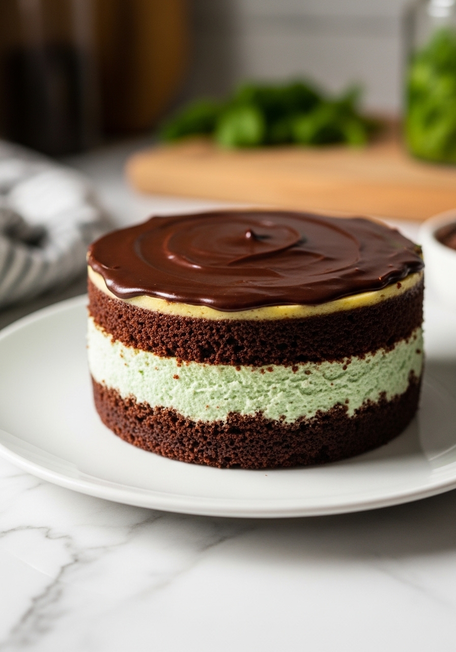 A close-up side view of the plated Mint Chocolate Fudge Cheesecake Cake, emphasizing the texture of the moist chocolate cake, the creamy mint cheesecake, and the glossy fudge ganache, allowing for appreciation of each layer's detail. The image captures the natural morning light and soft shadows, with the minimalist white plate resting on marble countertops. A glimpse of the wooden cutting board and fresh herbs in the background maintains the consistent kitchen aesthetic.