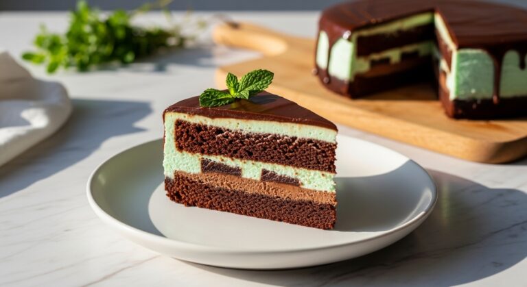A beautifully presented slice of Mint Chocolate Fudge Cheesecake Cake on a minimalist white plate, showcasing the distinct layers of moist chocolate cake, creamy mint cheesecake, and luscious fudge ganache, with a delicate fresh mint leaf on top. The scene is set on marble countertops with natural morning light, featuring the same wooden cutting board slightly visible in the background, along with a sprig of fresh herbs for visual consistency. Soft shadows and warm tones enhance the clean and tidy presentation.