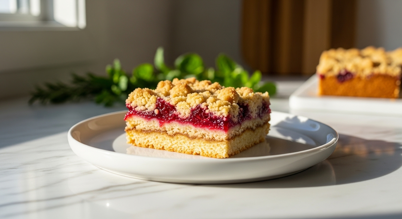 A beautifully plated slice of Moist Christmas Cranberry Bar on a minimalist white plate, showcasing the distinct layers of crumb topping, cranberry filling, and buttery crust. The setting is on marble countertops with subtle wood accents in the background, illuminated by soft natural morning light from an east window. Fresh herbs (like a sprig of rosemary or mint) are subtly visible in the soft-focus background, adding a touch of festive green. The overall impression is clean, tidy, with warm tones and soft shadows, capturing the genuine love for homemade baking. No hands or people visible.