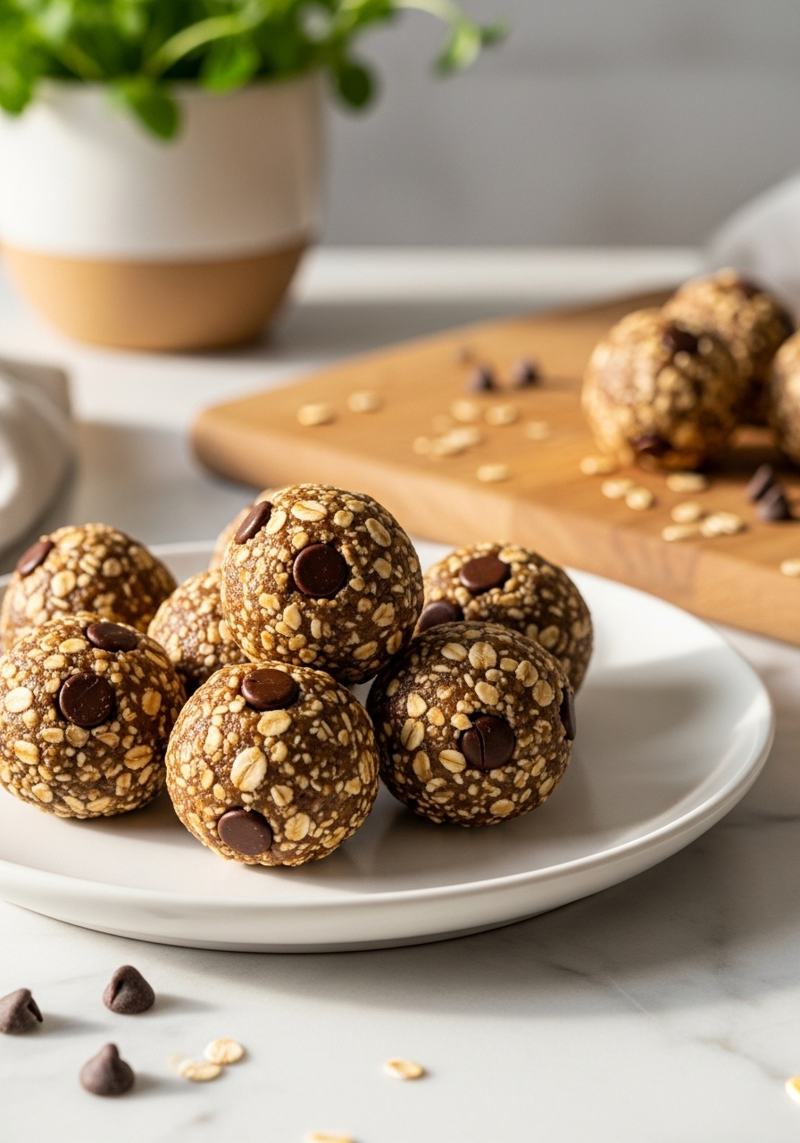 A close-up, slightly lower side-angle shot of the finished No-Bake Choc Chip Energy Balls on a minimalist white plate, revealing the texture of the oats and visible chocolate chips. The plate is on light marble countertops, with the same wooden cutting board peeking out from behind. Fresh herbs are visible in a ceramic bowl in the softly blurred background. Natural morning light illuminates the scene, creating warm tones and soft shadows. No hands or people are visible.