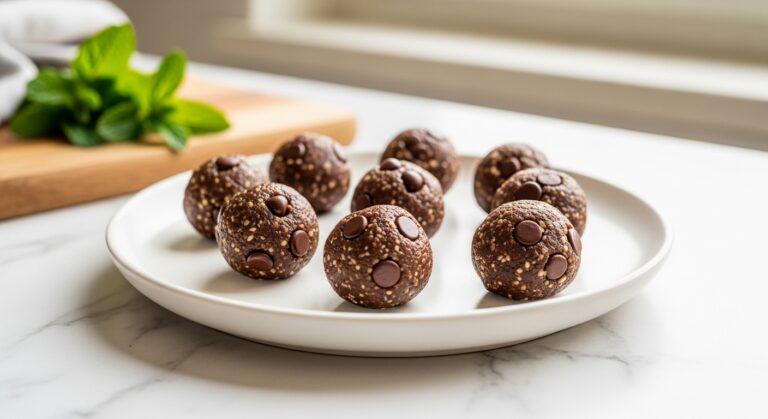 A beautifully arranged shot of finished No-Bake Choc Chip Energy Balls on a minimalist white plate, placed on light marble countertops. The wooden cutting board is subtly visible in the background, along with a sprig of fresh mint. Natural morning light streams from an east window, casting soft shadows. The overall scene has warm tones and a clean, tidy presentation, without any visible hands or people.