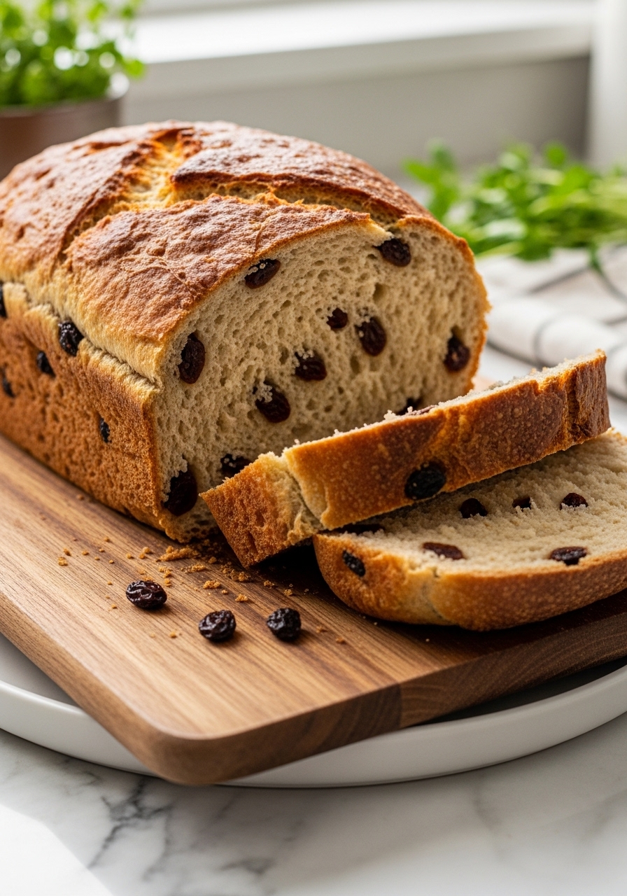A close-up, side-angle shot of the same beautifully golden-brown No Knead Cinnamon Raisin Bread loaf, sliced, with a slice gently pulled away to show the soft, raisin-speckled interior. The loaf is on the same wooden cutting board, resting on a minimalist white plate on marble countertops, with natural morning light from the east window. Fresh herbs are visible in the background. The scene is clean and tidy with warm tones, focusing on the texture and details of the crust and interior of the finished bread, capturing a consistent, recognizable style.
