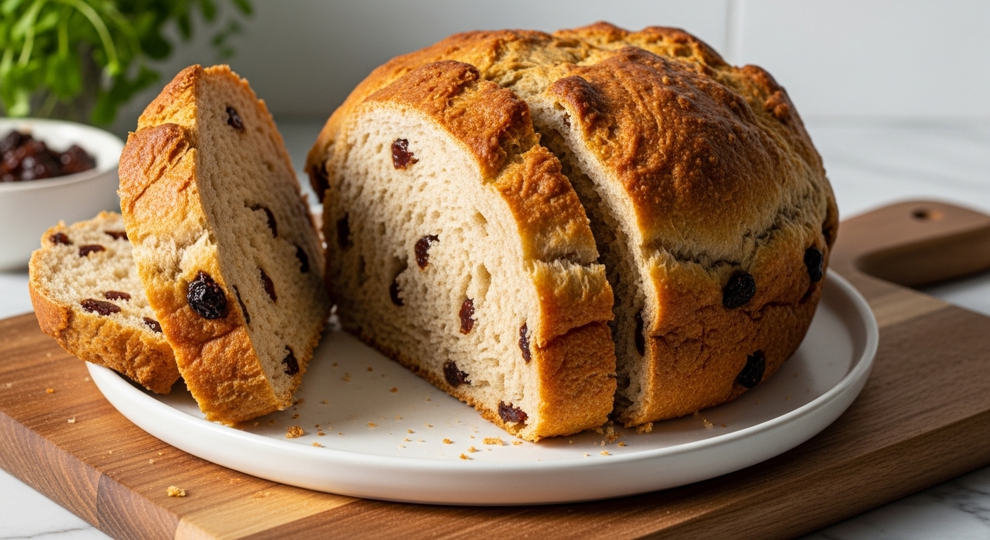 A beautifully golden-brown No Knead Cinnamon Raisin Bread loaf, sliced, with a slice gently pulled away to show the soft, raisin-speckled interior. The loaf is on the same wooden cutting board, resting on a minimalist white plate on marble countertops, with natural morning light from the east window creating soft shadows. Fresh herbs are visible in the background, out of focus. The scene is clean and tidy with warm tones, reflecting a genuine love for the process.