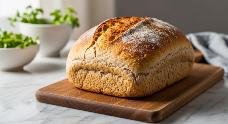 A beautifully baked loaf of no knead whole wheat bread, golden brown and rustic, resting on a wooden cutting board on marble countertops. Natural morning light from an east window illuminates the scene, casting soft shadows. Fresh herbs are visible in ceramic bowls in the soft-focus background. The presentation is clean and tidy.