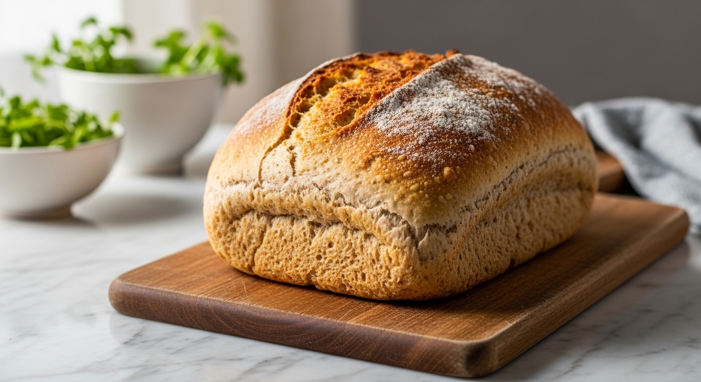 A beautifully baked loaf of no knead whole wheat bread, golden brown and rustic, resting on a wooden cutting board on marble countertops. Natural morning light from an east window illuminates the scene, casting soft shadows. Fresh herbs are visible in ceramic bowls in the soft-focus background. The presentation is clean and tidy.
