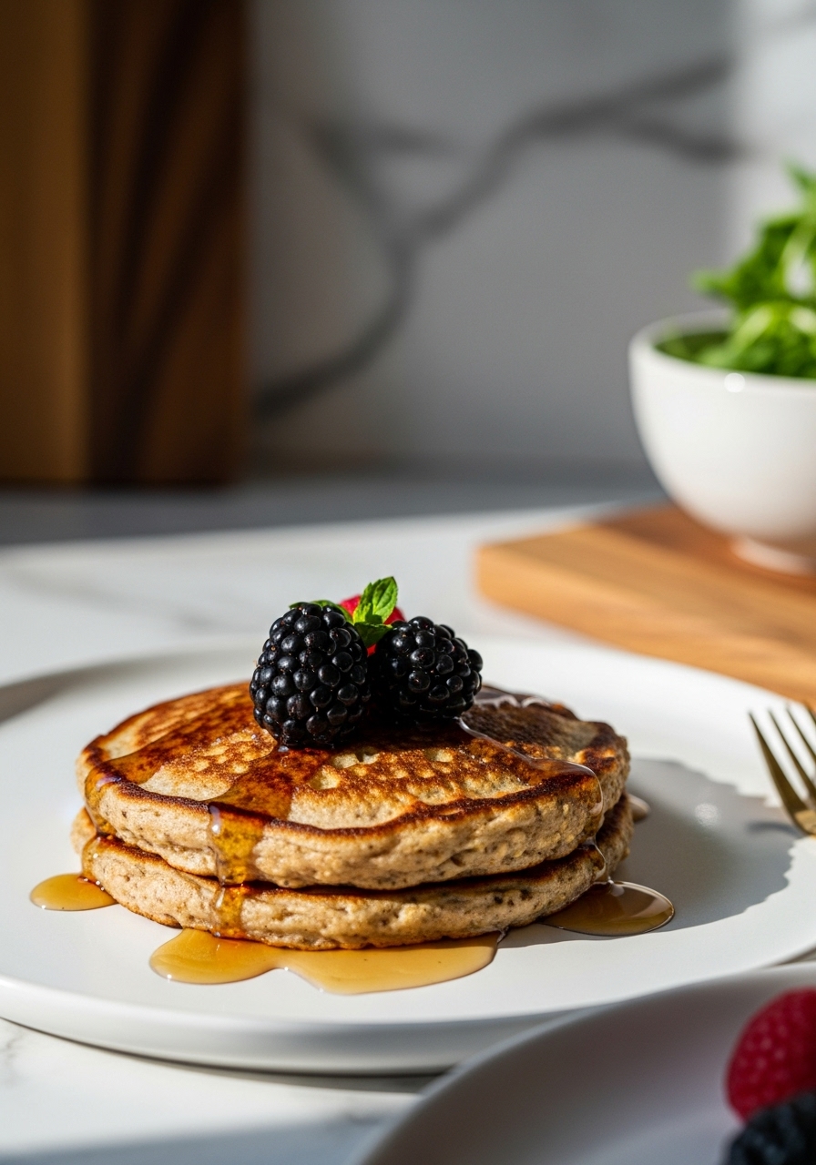 A close-up, slightly off-center shot of a single Overnight Oats Pancake from the stack described in the featured image. The pancake shows its fluffy texture, with visible specks of oat, golden brown edges, and a glistening drizzle of maple syrup. Fresh berries are gently placed on top. The background consists of soft shadows from the marble countertops and wood accents, with the consistent natural morning light. A corner of the minimalist white plate and the same wooden cutting board are visible, along with a hint of fresh herbs in a ceramic bowl, maintaining the clean, warm-toned aesthetic.