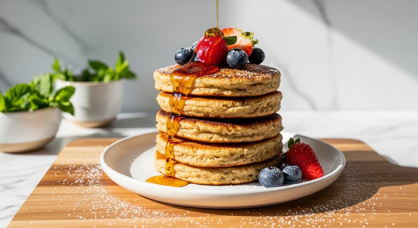 A perfectly stacked pile of golden brown Overnight Oats Pancakes, artfully drizzled with maple syrup and topped with fresh berries (strawberries, blueberries) and a sprinkle of powdered sugar. The scene is bathed in natural morning light from the east window, resting on a minimalist white plate on the same wooden cutting board. Fresh herbs (mint) are visible in a small ceramic bowl in the soft-shadowed background on marble countertops. The overall presentation is clean, tidy, and exudes warm tones, capturing the genuine love for the process.