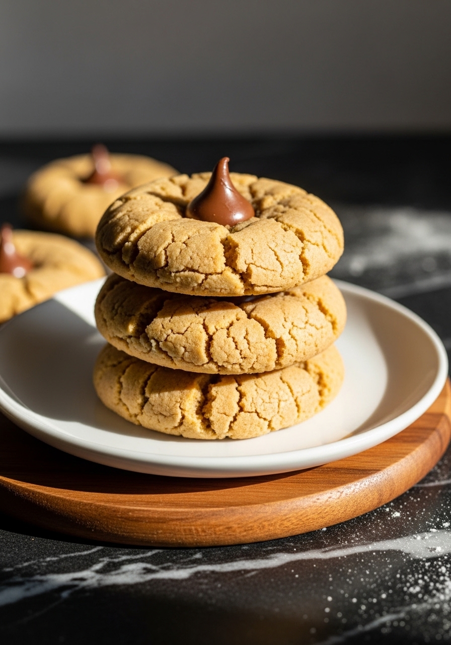 A stack of three irresistibly soft and chewy Peanut Butter Blossoms, with their signature chocolate kisses gently melted into the center, presented on a minimalist white plate on a wooden accent piece. The cookies are golden brown with a visible crackled texture. The scene captures the warm tones and soft shadows of natural morning light. Some loose powdered sugar or flour dust is subtly visible on the dark marble countertop, suggesting a homemade baking adventure. No hands visible.