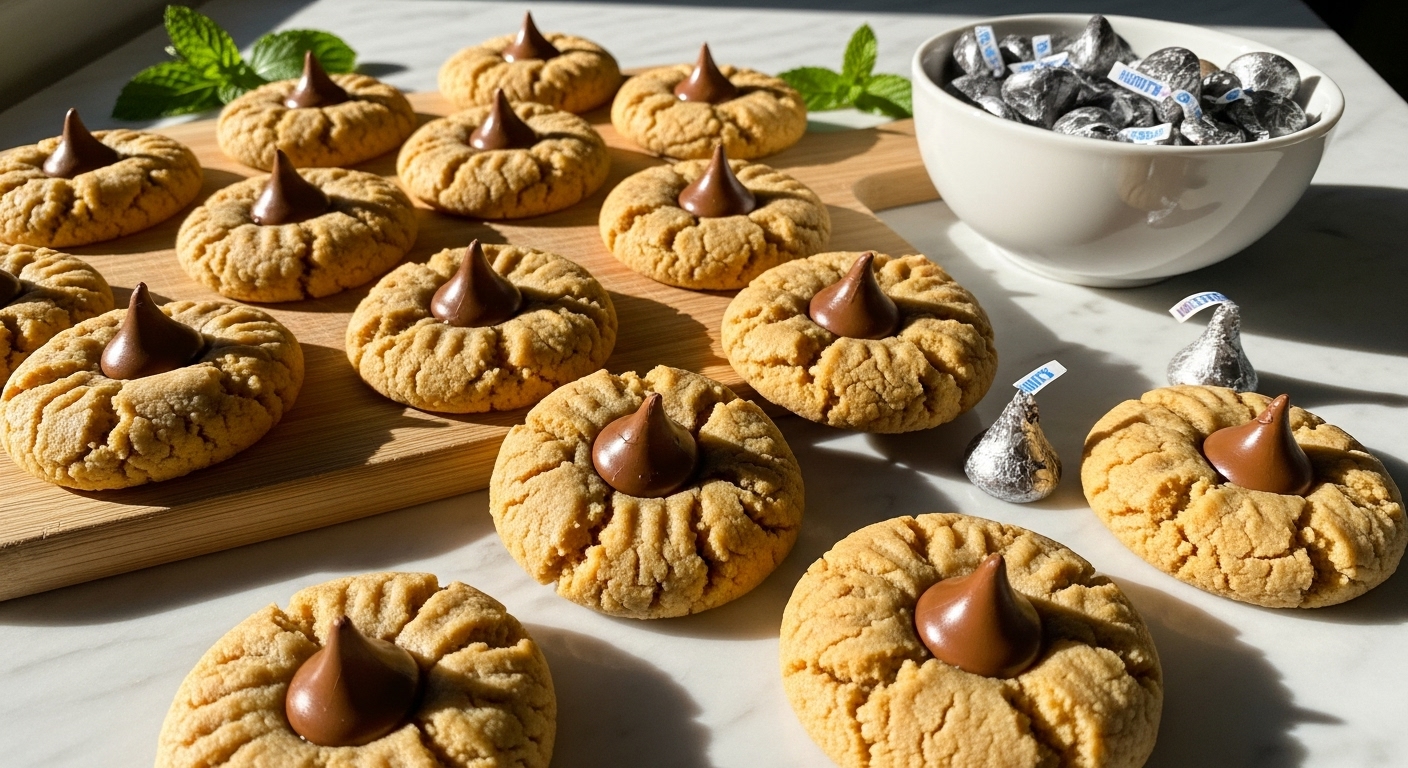 A beautifully arranged spread of freshly baked, golden brown Peanut Butter Blossoms, each with a perfectly melted chocolate kiss in the center, scattered artfully on a light wooden cutting board. The cookies have a slightly crackled texture. The scene is bathed in soft natural morning light from an east window, highlighting warm tones and subtle shadows. A minimalist white ceramic bowl filled with additional Hershey's Kisses (some unwrapped) sits nearby. A few fresh mint leaves are subtly visible in the background, adding a touch of green, all presented cleanly on marble countertops. No hands visible.