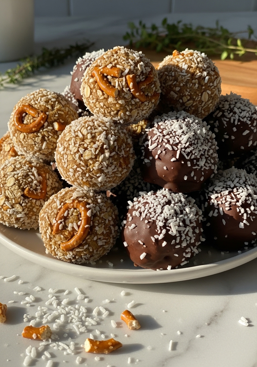 A delicious close-up of a generous pile of Peanut Butter Pretzel Energy Bites, showcasing both the fully coconut-coated and the chocolate-dipped, coconut-sprinkled variations. The texture from the oats and crushed pretzels is prominent, and loose coconut flakes and chocolate smears are artfully scattered on the minimalist white plate. The setting is a marble countertop, subtly incorporating wood accents, all illuminated by soft, natural morning light, creating inviting warm tones and gentle shadows, with fresh herbs visible in the soft background. No hands visible.
