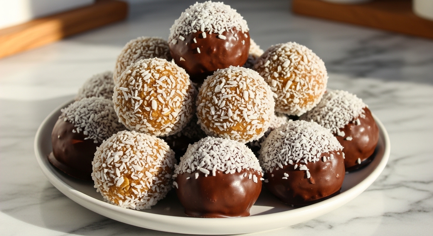 A beautifully composed pile of round Peanut Butter Pretzel Energy Bites, some entirely coated in shredded coconut and others half-dipped in rich, melted chocolate and then covered in coconut on a minimalist white plate. The bites have a delicious, rustic texture from oats and coconut. The scene is on a marble countertop with subtle wood accents in the background, bathed in soft, natural morning light, creating warm tones and gentle shadows, maintaining a clean and tidy presentation. No hands visible.