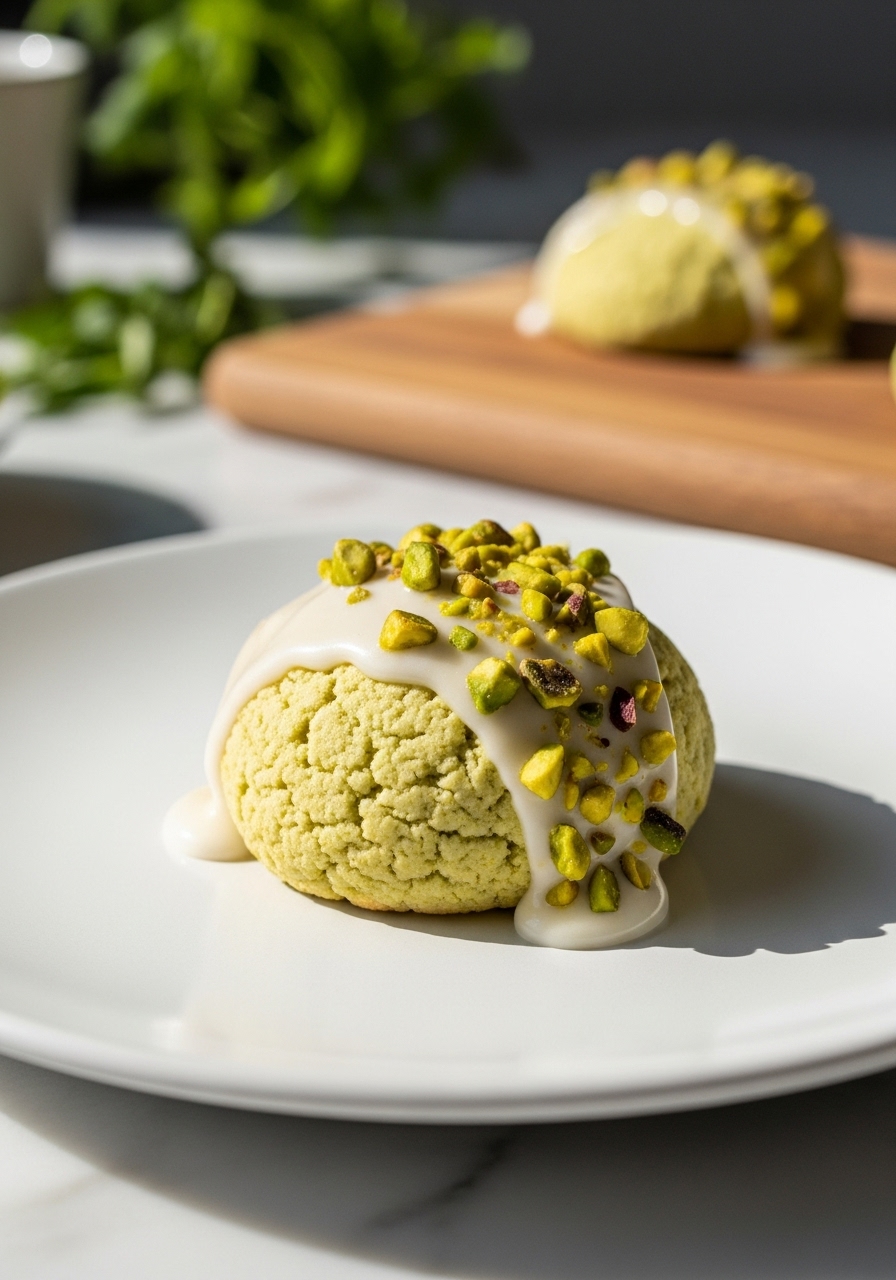 A close-up, slightly elevated eye-level shot of a single glazed pistachio ricotta cookie, perfectly round and tender, sitting on a minimalist white plate. The creamy white glaze is visible dripping down its side, adorned with chunky green chopped pistachios. The background features the same wooden cutting board and soft natural morning light on marble countertops, with fresh herbs subtly blurred in the distance. No hands visible.