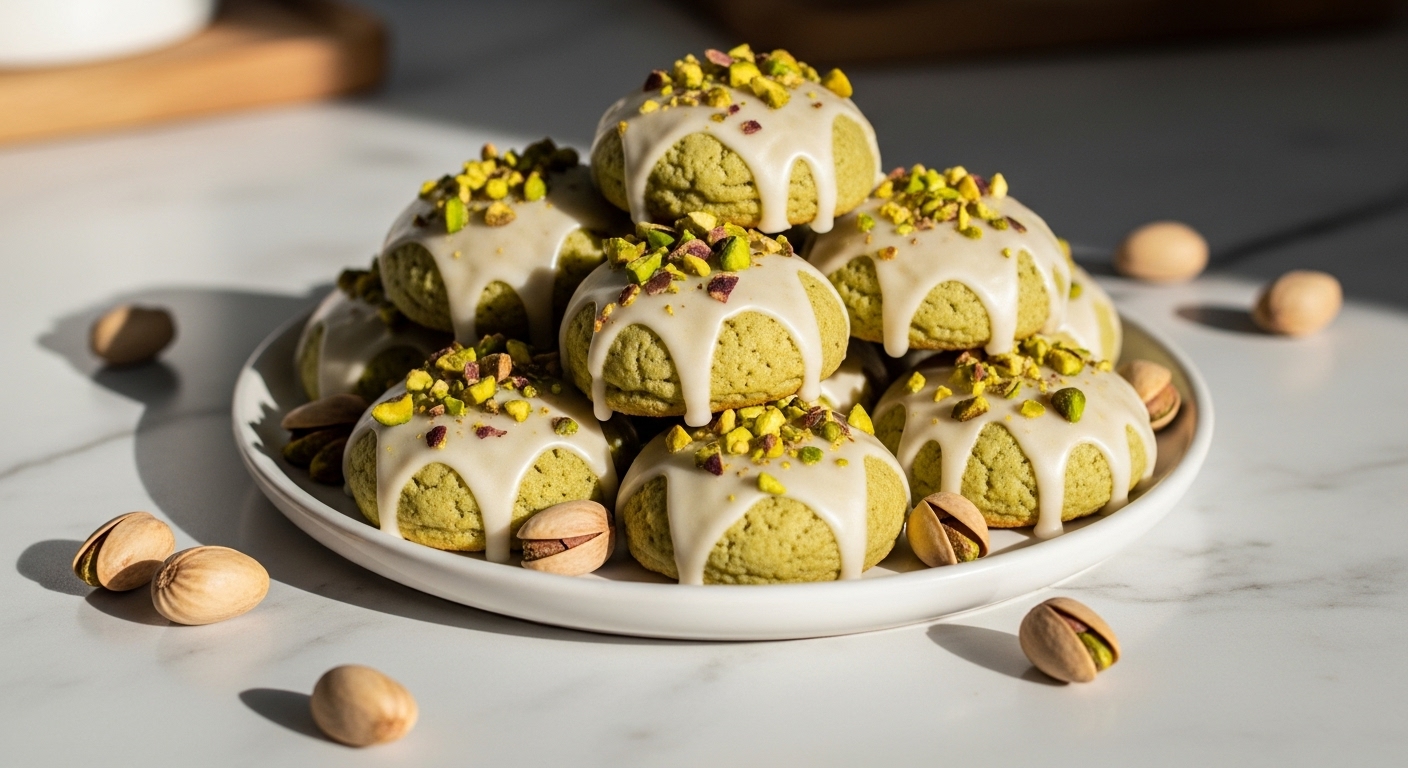 A beautifully arranged pile of glazed pistachio ricotta cookies on a minimalist white plate, with several whole and chopped pistachios scattered around. The cookies are round, soft-looking, with a slightly irregular creamy white glaze that drips down the sides, generously topped with vibrant green chopped pistachios. Shot in natural morning light on marble countertops with subtle wood accents in the background. Soft shadows and warm tones, clean and tidy presentation, no hands visible.