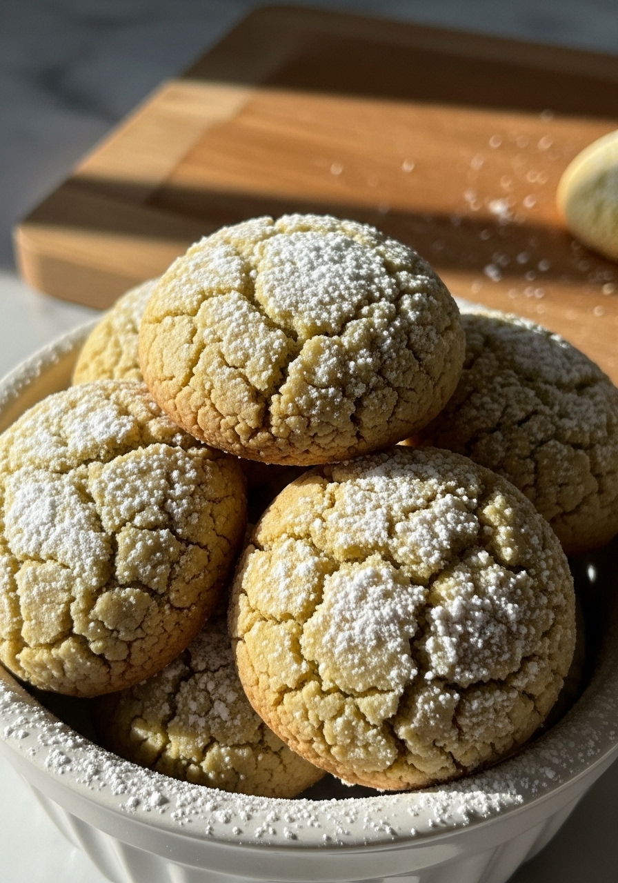 A 3:4 close-up of a few freshly baked Pistachio Wedding Cookies, with their delicate, crumbly texture visible, resting on a ceramic bowl filled with powdered sugar. The cookies have a slight golden hue on their bottoms. The background features the wooden cutting board and a hint of the marble countertop, bathed in natural morning light with soft shadows.