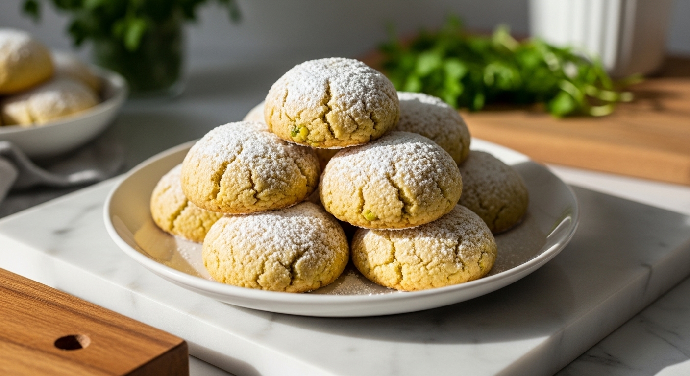 A beautifully arranged 16:9 shot of a stack of golden-edged Pistachio Wedding Cookies, generously dusted with powdered sugar, on a minimalist white plate, set on a marble countertop with wood accents. Natural morning light casts soft shadows. Fresh green herbs are visible in the background, out of focus. The scene is clean and tidy, emphasizing warmth and appetite appeal.