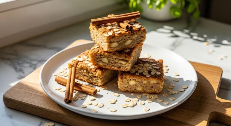 A beautifully arranged shot of 3-4 Portable Apple Cinnamon Oat Squares stacked on a minimalist white plate, adorned with a few fresh cinnamon sticks and a sprinkle of rolled oats. The plate sits on a wooden cutting board on marble countertops with natural morning light streaming in from an east window, casting soft shadows. Fresh green herbs are visible in the background, creating a clean, tidy, and warm-toned scene.