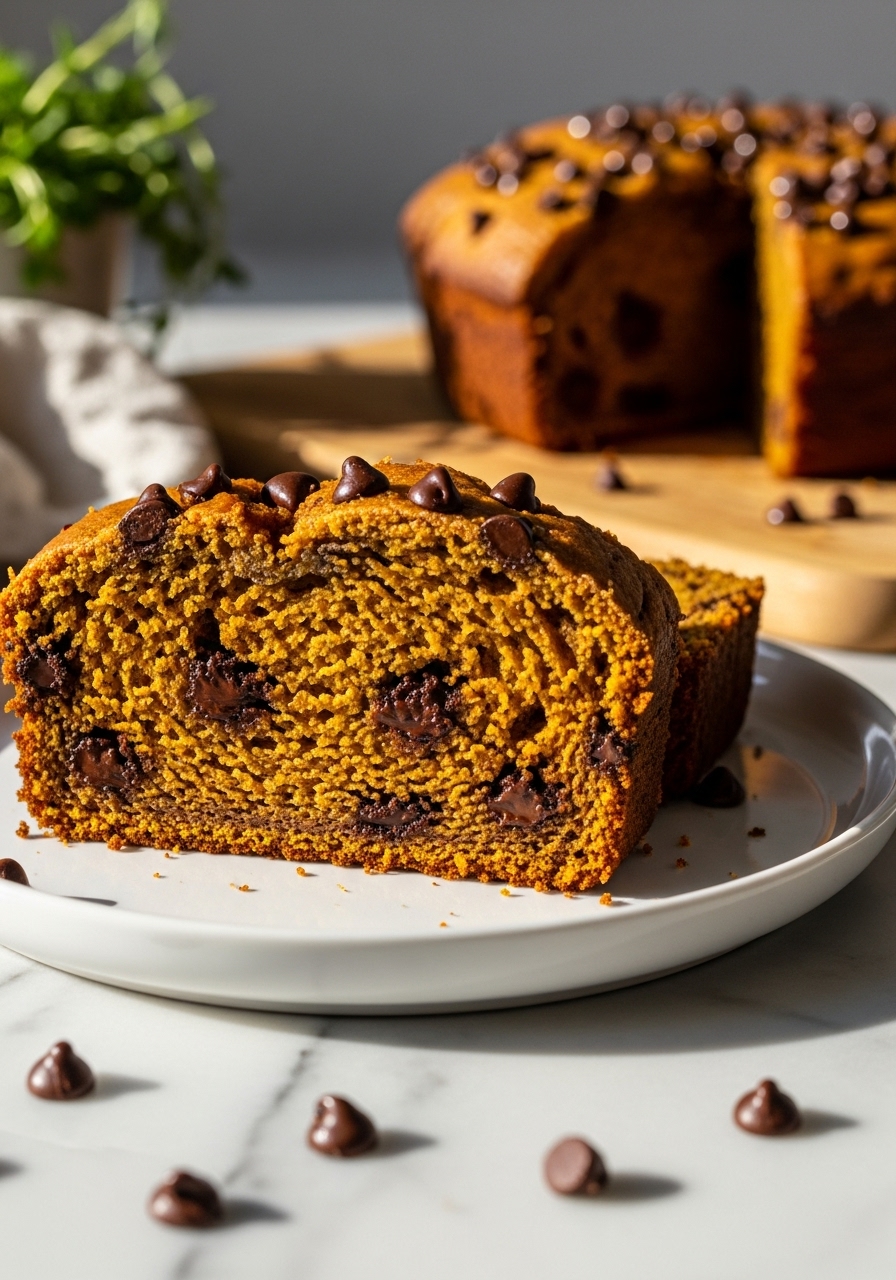 A close-up side view of a generous slice of Pumpkin Chocolate Chip Bread, showcasing its moist, tender crumb and abundant melted chocolate chips. It rests on a minimalist white plate, set on marble countertops under natural morning light. Fresh herbs are visible in the blurred background, and the same wooden cutting board is nearby, complementing the warm tones and clean presentation.