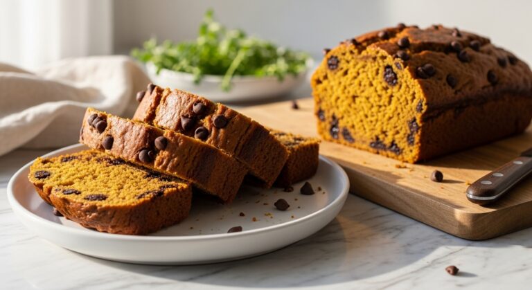 A beautifully sliced loaf of Pumpkin Chocolate Chip Bread, with a few slices artfully arranged, displayed on a minimalist white plate on marble countertops. Natural morning light from an east window casts soft, warm shadows. Fresh herbs are subtly visible in the soft-focus background, and the same wooden cutting board is positioned next to the plate. The presentation is clean and tidy, with warm tones.