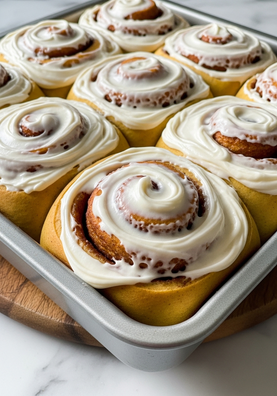 A close-up, enticing, slightly angled shot of the freshly baked pumpkin cinnamon rolls in the metal baking pan, highlighting the thick, creamy white frosting and the rich golden-brown swirls of cinnamon within the soft rolls. The texture of the frosting is prominent and deliciously appealing, and the warm tones from the natural morning light emphasize the deliciousness, with a hint of the wooden cutting board visible beneath on the marble countertop.
