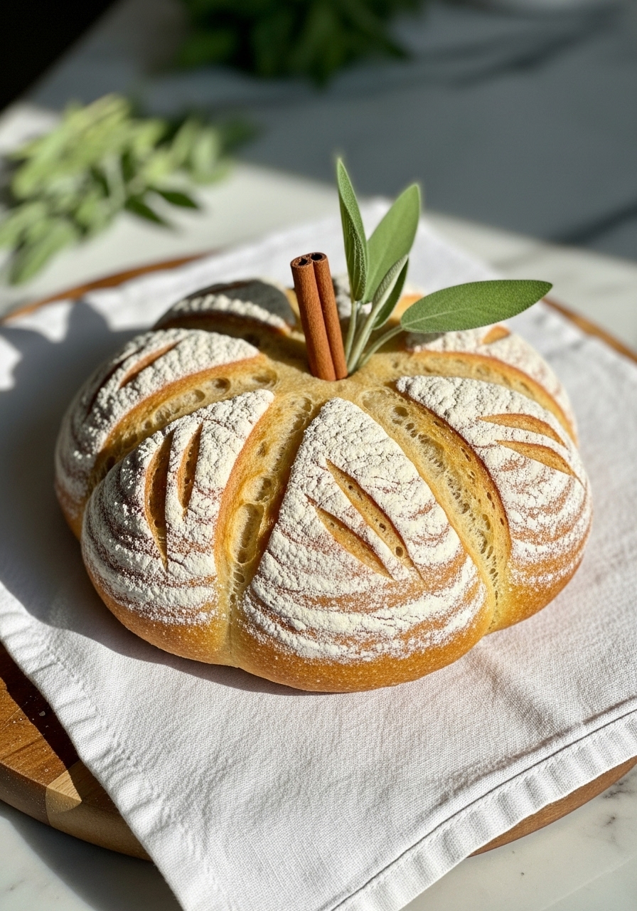 A static shot of a freshly baked pumpkin shaped artisan bread from a slightly elevated side angle, showcasing its beautifully golden-brown, flour-dusted crust and distinct pumpkin scoring. A cinnamon stick is inserted as the stem, accompanied by a few vibrant fresh sage leaves. The bread sits on a white linen cloth, placed on the brand's wooden cutting board, bathed in natural morning light with soft shadows. The background includes glimpses of marble countertops and a soft blur of fresh herbs. No hands or people.
