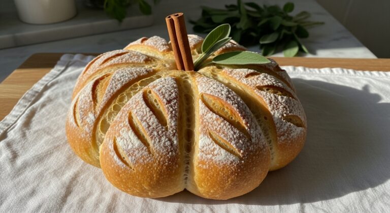 A beautifully baked pumpkin shaped artisan bread, golden brown with a rustic flour dusting on its scored surface, featuring a real cinnamon stick as a stem and a few fresh sage leaves. The bread is positioned on a white linen cloth, which rests on the brand's wooden cutting board, with natural morning light creating soft shadows. The background hints at a clean, tidy kitchen with marble countertops and fresh herbs visible in soft focus. No hands or people.