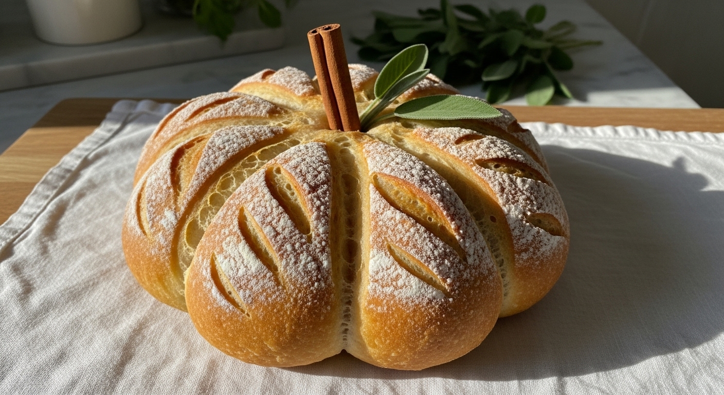 A beautifully baked pumpkin shaped artisan bread, golden brown with a rustic flour dusting on its scored surface, featuring a real cinnamon stick as a stem and a few fresh sage leaves. The bread is positioned on a white linen cloth, which rests on the brand's wooden cutting board, with natural morning light creating soft shadows. The background hints at a clean, tidy kitchen with marble countertops and fresh herbs visible in soft focus. No hands or people.
