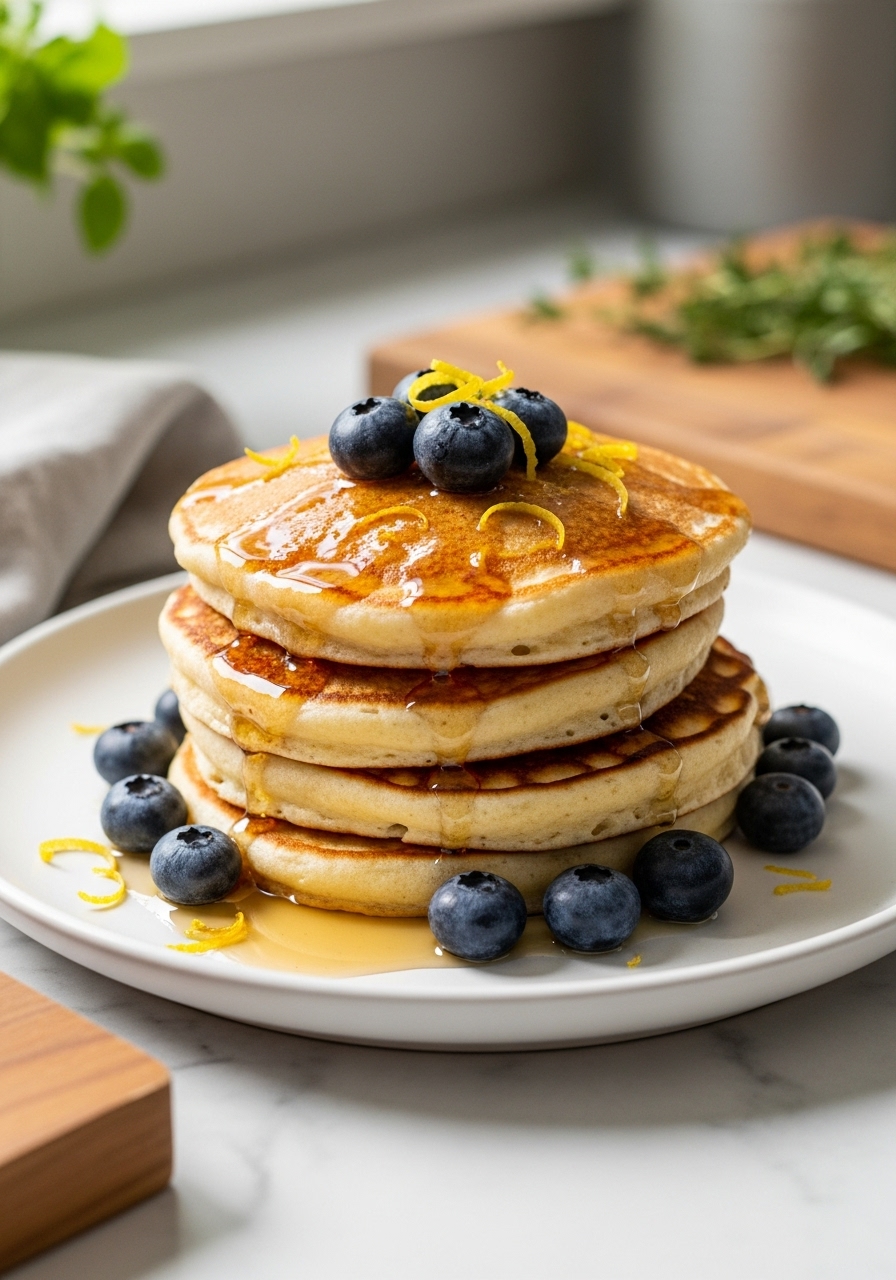 A close-up side view of the same beautifully plated stack of Ricotta Pancakes with Lemon Zest. The image captures the fluffy texture of the pancakes, the glistening maple syrup, and the vibrant fresh blueberries. The minimalist white plate rests on the light marble countertop, with a wood accent and the same wooden cutting board slightly visible in the background. Natural morning light from the east window illuminates the scene, highlighting textures and warm tones. Fresh herbs are subtly visible in the background, maintaining the consistent kitchen environment. This shot focuses on the inviting details and tenderness of the finished dish.