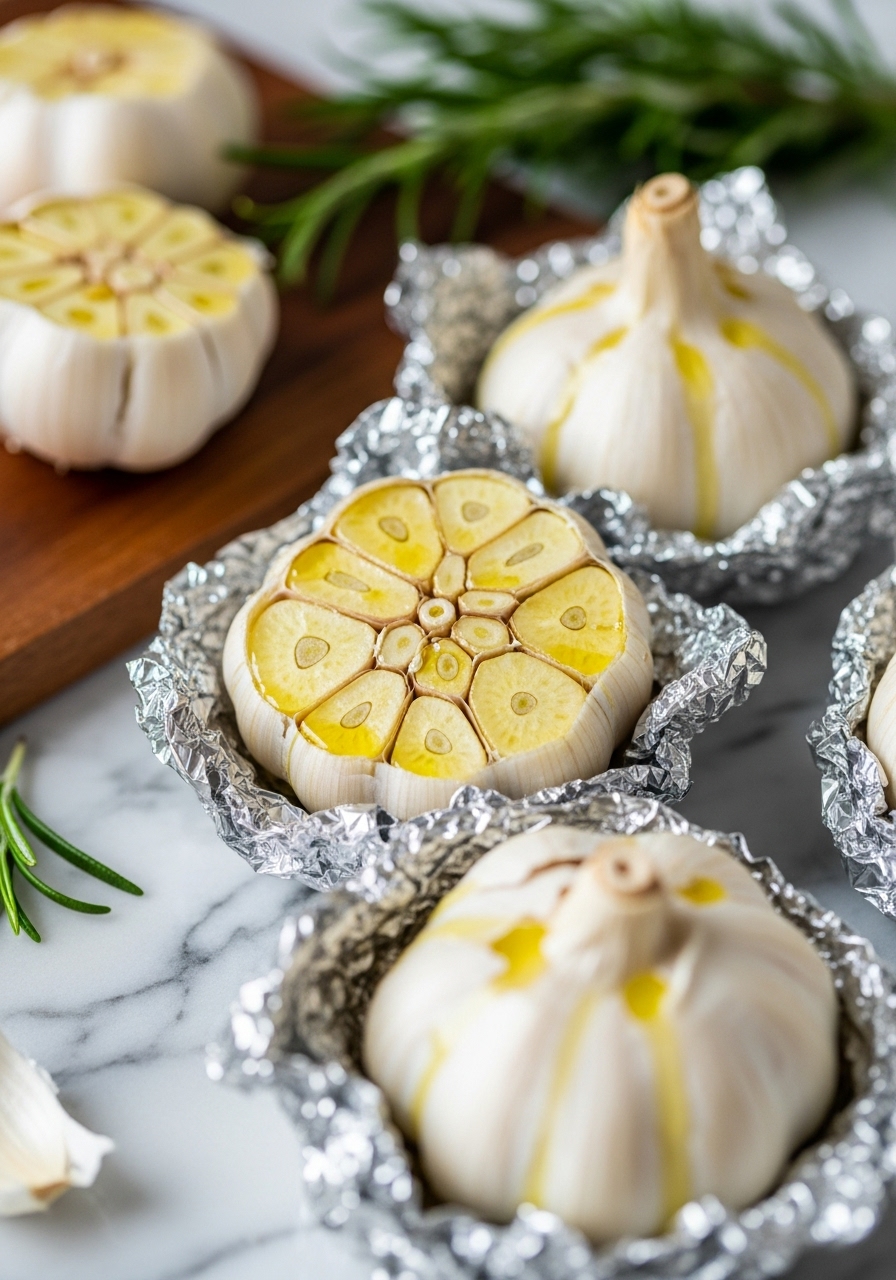 A close-up of several whole heads of garlic, tops sliced off and drizzled with olive oil, wrapped in foil, ready for roasting. The scene is set on the marble countertops with the wooden cutting board visible and soft morning light. Fresh rosemary sprigs are subtly in the background.