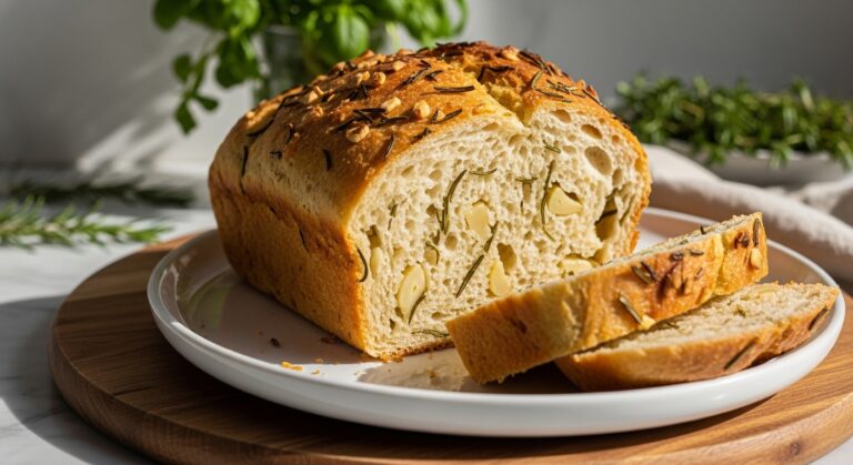 A beautifully baked loaf of golden Roasted Garlic Rosemary Bread, sliced to reveal a soft, airy interior studded with roasted garlic and green rosemary bits, on a minimalist white plate, resting on the same wooden cutting board on marble countertops. Natural morning light casts soft shadows from the east window. Fresh herbs are visible in the background, creating a warm and inviting scene.