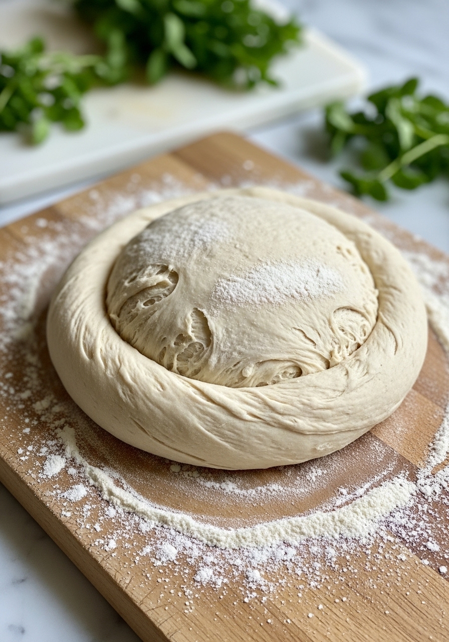 A close-up action shot of the Rustic Italian Bread dough gently being shaped into a round loaf on the wooden cutting board, with a light dusting of flour around it. Natural morning light casts soft shadows. Fresh herbs are blurred in the background on marble countertops. No hands.