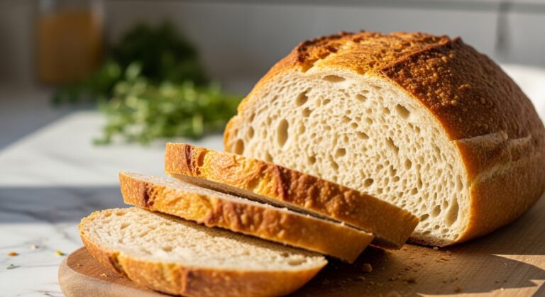 A gorgeously baked, golden brown Rustic Italian Bread loaf, sliced in the foreground to reveal its airy crumb. The loaf rests on a wooden cutting board on marble countertops, with natural morning light illuminating the scene. Fresh herbs are visible in the soft-focus background, maintaining a clean and tidy presentation with warm tones. No hands.