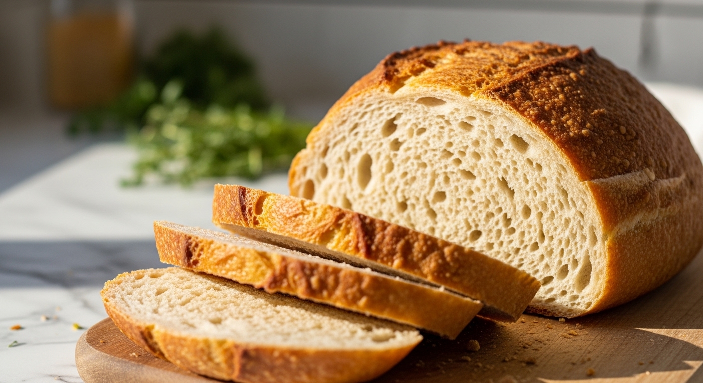 A gorgeously baked, golden brown Rustic Italian Bread loaf, sliced in the foreground to reveal its airy crumb. The loaf rests on a wooden cutting board on marble countertops, with natural morning light illuminating the scene. Fresh herbs are visible in the soft-focus background, maintaining a clean and tidy presentation with warm tones. No hands.