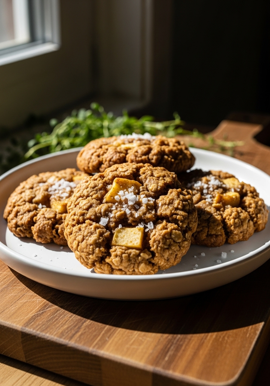 A delicious 3:4 shot of a few golden-brown Salted Caramel Apple Cookies on a minimalist white ceramic plate, resting on the same wooden cutting board. The cookies have a rustic, chewy texture with visible oats and tender apple pieces, and are topped with flaky sea salt. The scene is bathed in natural morning light from an east window, with soft shadows and warm tones, evoking a cozy, homemade feel. Fresh herbs are subtly visible in the background, with no hands present.