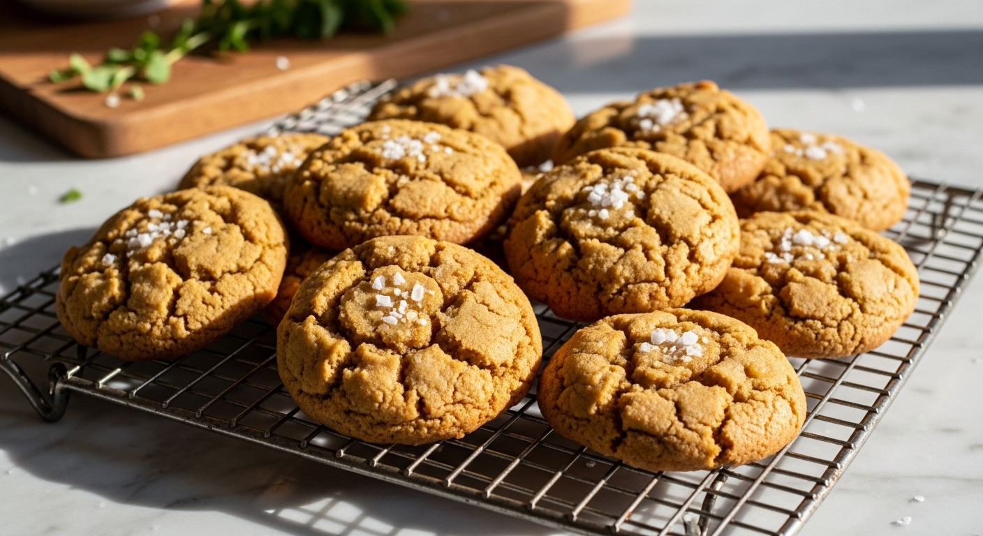 A beautiful 16:9 hero shot of a pile of golden-brown Salted Caramel Apple Cookies on a vintage metal cooling rack, sprinkled with flaky sea salt, showcasing their chewy, rustic texture and hints of apple and caramel. The cookies are arranged on a marble countertop with soft natural morning light illuminating the scene, creating warm tones and soft shadows. The wooden cutting board is subtly visible in the background, along with a few fresh herbs for a touch of green, maintaining a clean and tidy presentation without any hands.