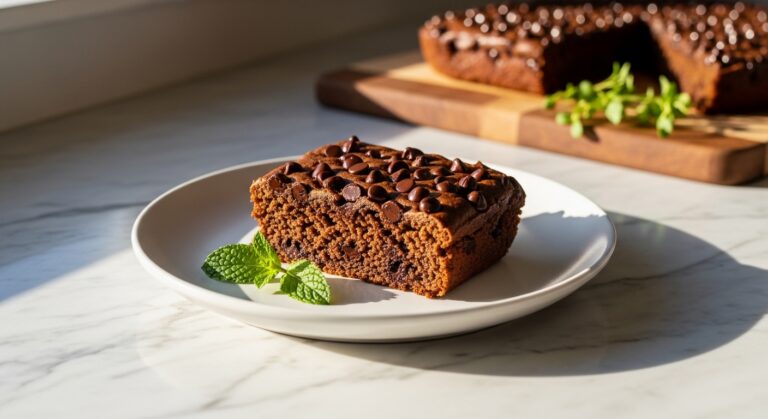A beautifully plated slice of Sheet Pan Chocolate Chip Muffin on a minimalist white plate, adorned with a few fresh mint leaves, resting on marble countertops with wood accents. Natural morning light streams from the east window, casting soft shadows. The same wooden cutting board is subtly visible in the background, along with a small sprig of fresh herbs. The scene is clean, tidy, and exudes warm tones.