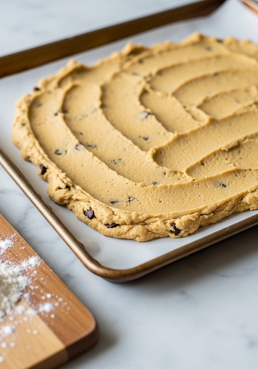A close-up, mouth-watering shot of the sheet pan cookie dough freshly spread evenly across the parchment-lined sheet pan, before baking. A small amount of flour dusts the corner of the wooden cutting board, and the rich dough is flecked with chocolate chips, captured in natural morning light with soft shadows, showcasing the preparation process in the consistent kitchen environment with marble countertops.