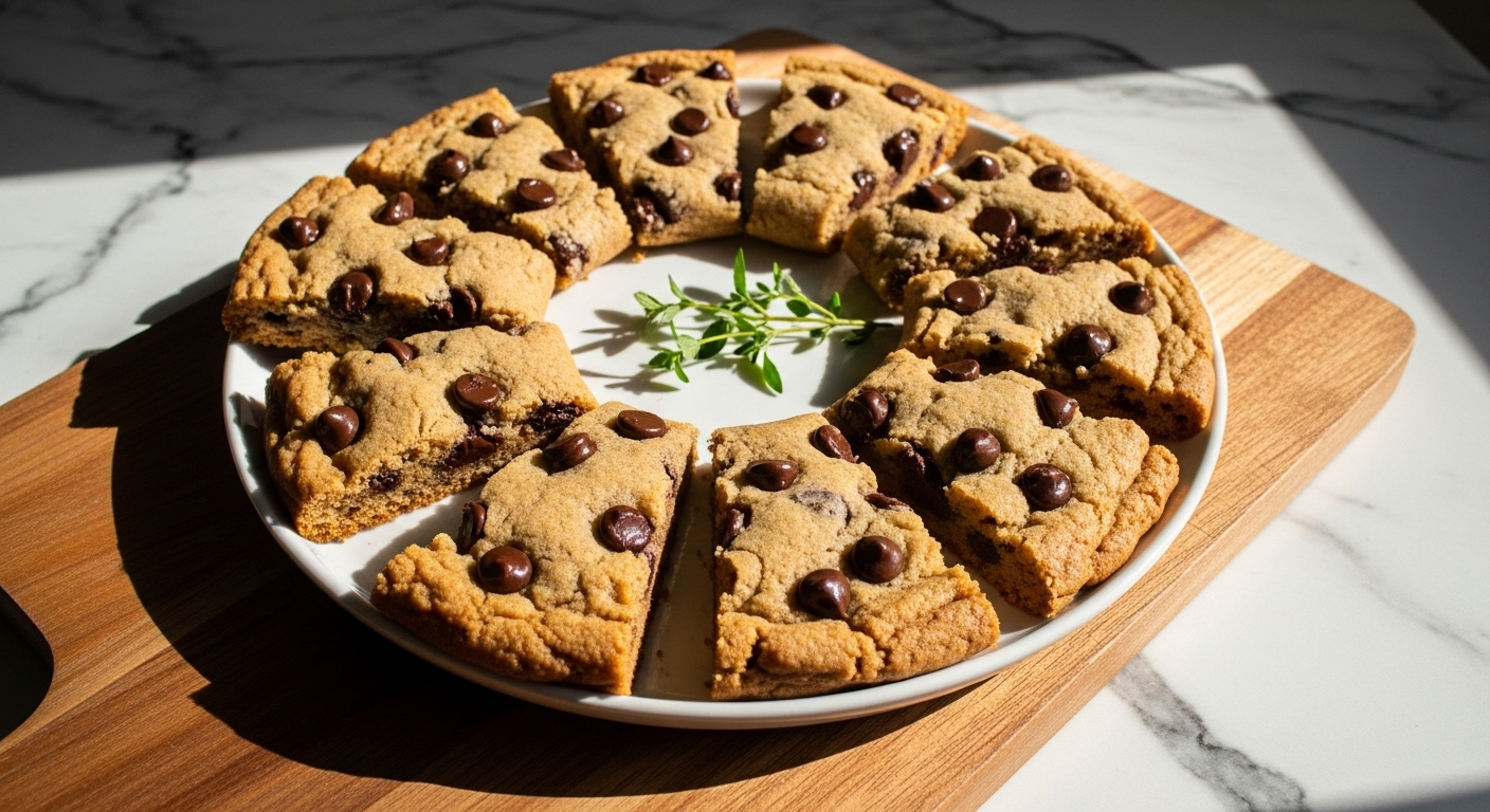 A beautifully arranged spread of sliced sheet pan cookies on a minimalist white plate, adorned with a sprig of fresh mint or thyme, centered on a wooden cutting board, bathed in natural morning light streaming from an east window. The marble countertops and soft shadows create a warm, inviting atmosphere. The cookies are golden brown and show deliciously melted chocolate chips, looking incredibly appealing and ready to be enjoyed.