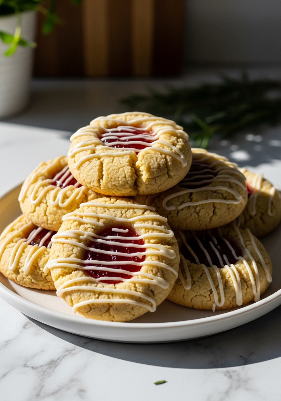 A close-up, slightly elevated shot of a stack of golden Shortbread Thumbprint Cookies, showcasing their crumbly texture, bright red jam centers, and intricate white icing drizzle. They rest on a minimalist white plate on marble countertops, illuminated by natural morning light, with soft shadows. A subtle wood accent and fresh herbs are visible in the background, maintaining a clean and inviting kitchen atmosphere. Emphasize the deliciousness and homemade feel. (3:4 aspect ratio)