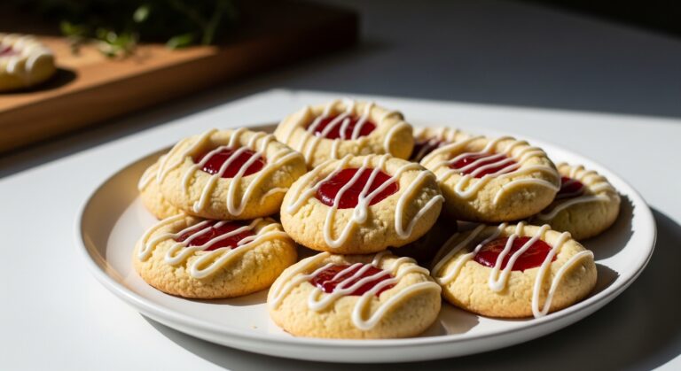 A delicious plate of golden Shortbread Thumbprint Cookies, each with a vibrant red jam center and delicate white icing drizzle, artfully arranged on a minimalist white plate. The scene is bathed in natural morning light from an east window, highlighting the warm tones of the cookies. In the softly shadowed background, a corner of the same wooden cutting board is visible, along with a hint of fresh herbs, creating a clean and tidy, yet lived-in kitchen aesthetic. Focus on the appetite appeal, showcasing the tender texture and vibrant colors. (16:9 aspect ratio)